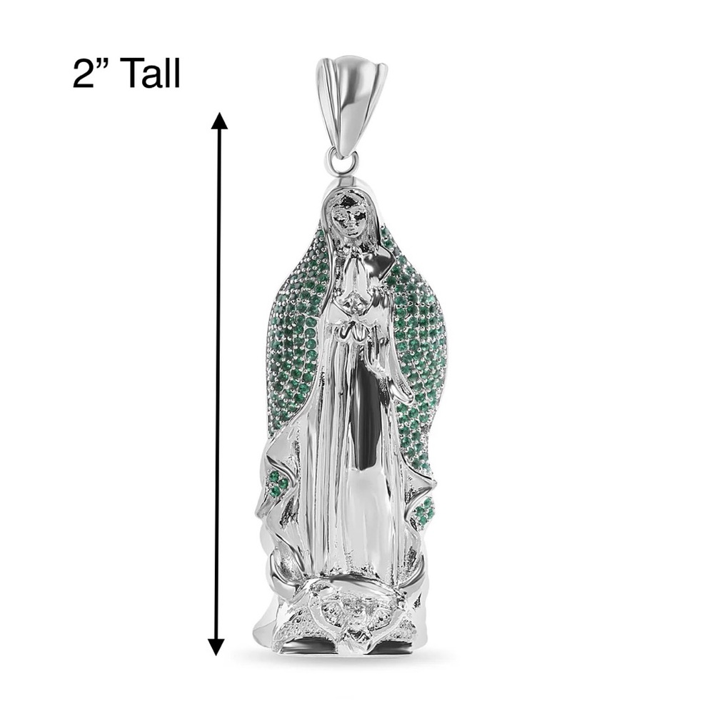 925 Sterling Silver Virgen Mary Pendant Green CZ Stones María Guadalupe - Picture 6 of 6
